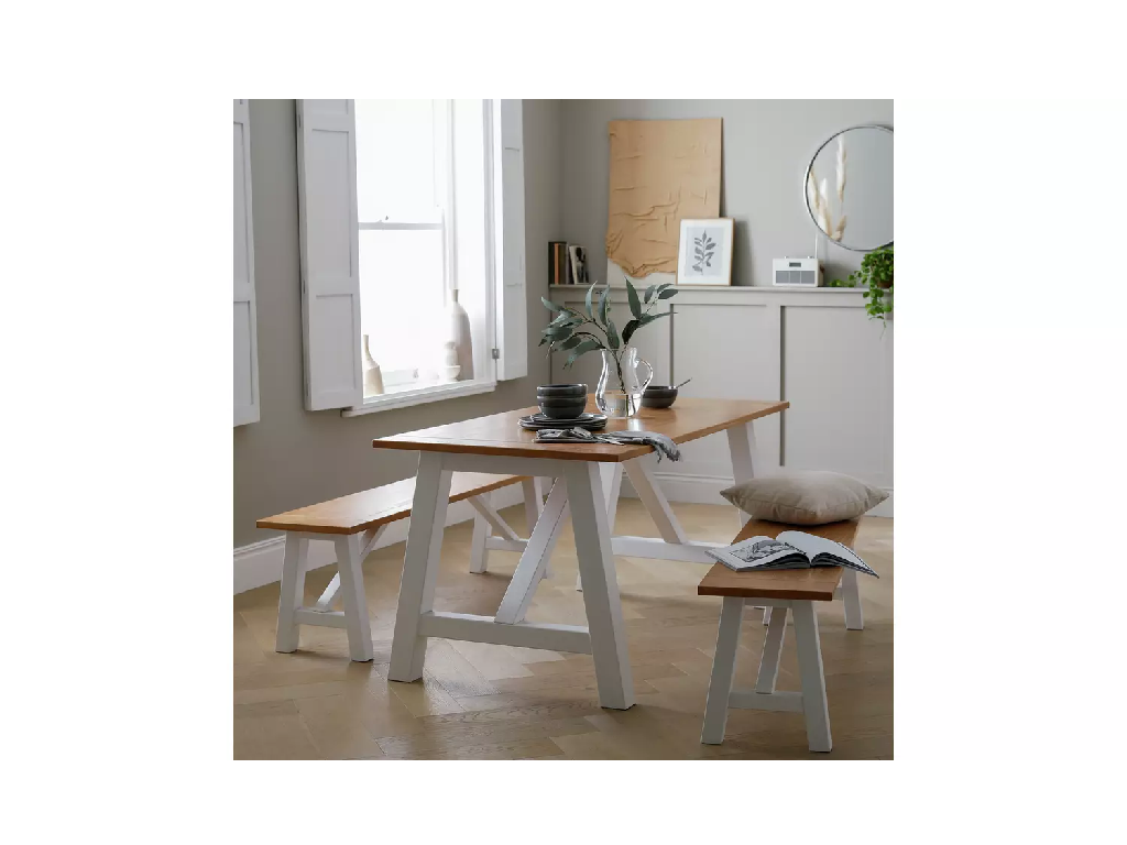 Habitat Burford White Dining Table & 2 White Benches