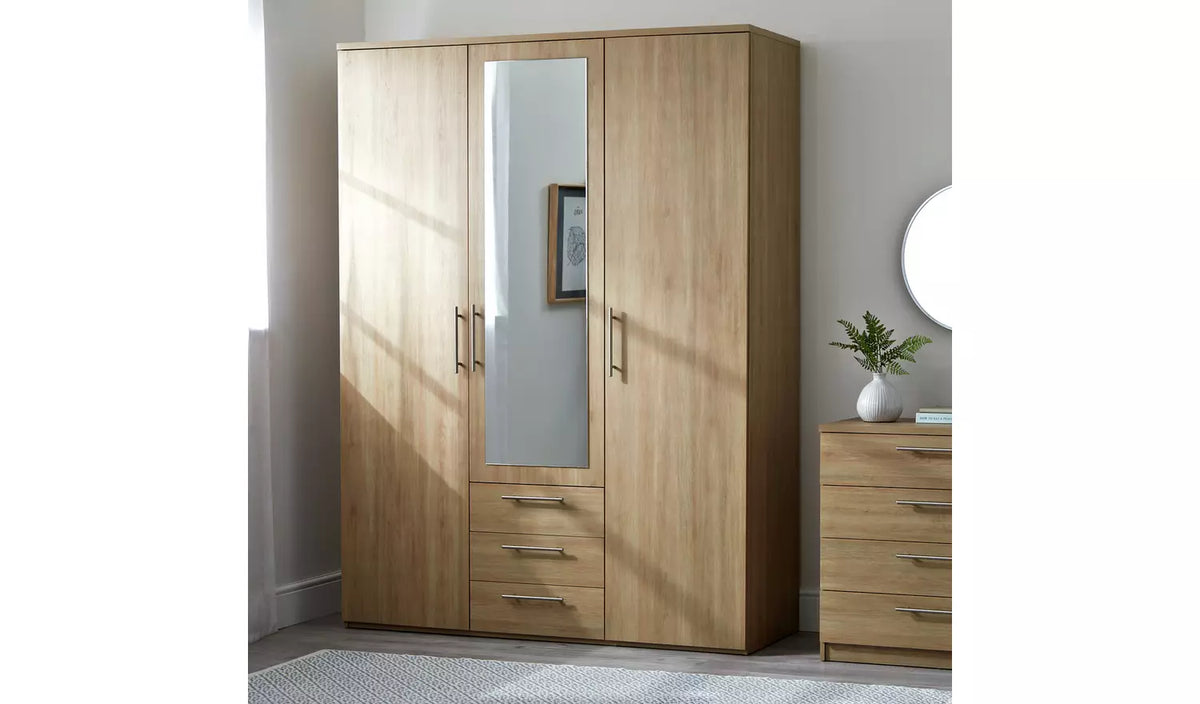 Brisbane 3 Door 3 Drawer Mirrored Wardrobe - Oak