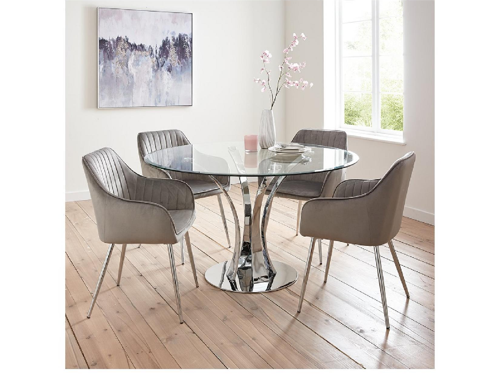 Alice Glass Top Dining Table 4 Alisha Chairs Chrome Grey