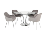 Alice Glass Top Dining Table + 4 Alisha Chairs - Chrome/Grey
