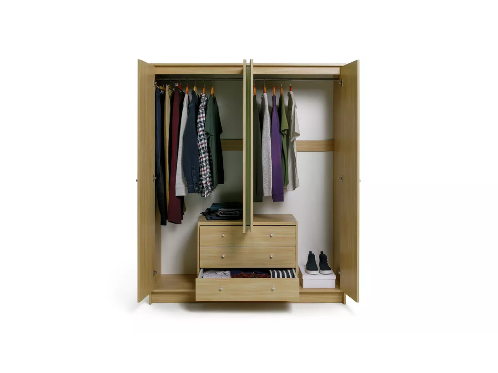 Malibu 4 Dr 3 Drawer Mirror Wardrobe-Beech Effect