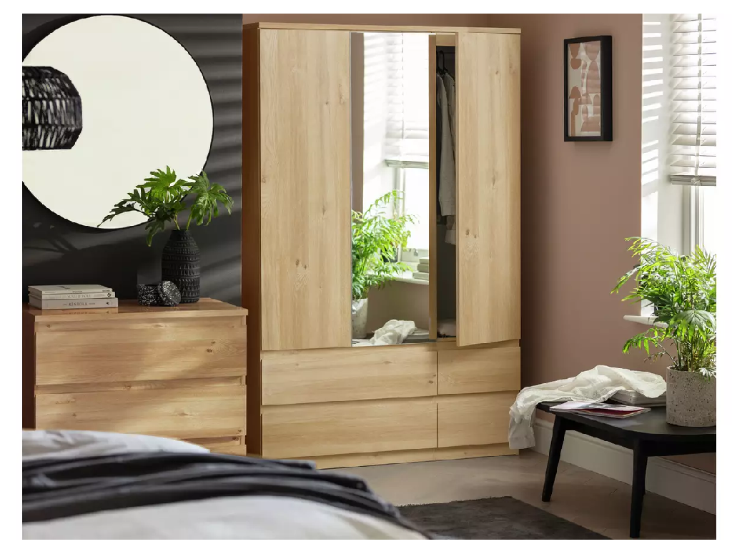 Jenson 3 Door 4 Drawer Mirror Wardrobe - New Oak