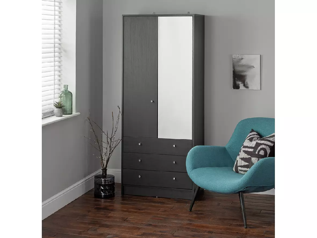 Malibu 2 Dr 3 Drw Mirror Wardrobe - Black Oak Effect
