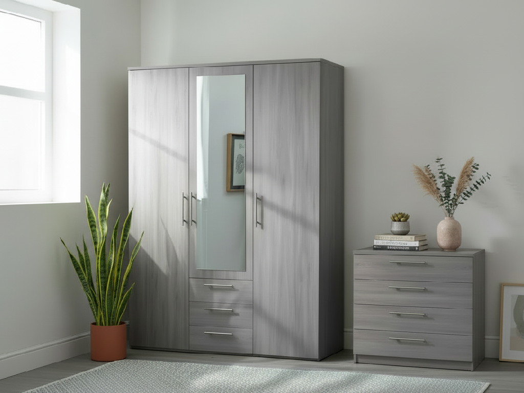 Brisbane 3 Door 3 Drawer Wardrobe – Grey Oak