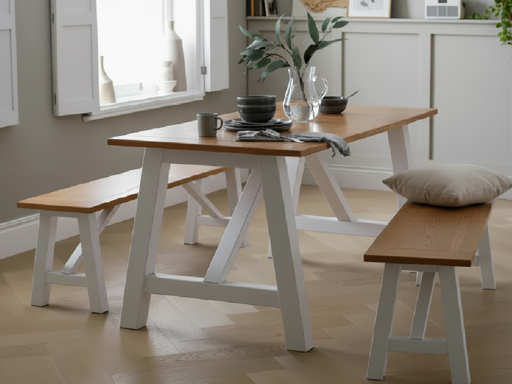 Habitat Burford White Dining Table & 2 White Benches