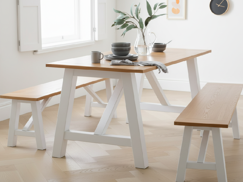 Habitat Burford White Dining Table & 2 White Benches