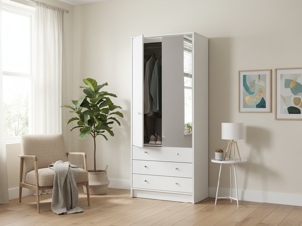 Malibu 2 Door 3 Drawer Mirror Wardrobe - White