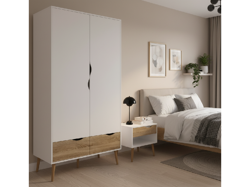 Oslo wardrobe 2 door + 2 drawers White/Oak - (B-Grade)