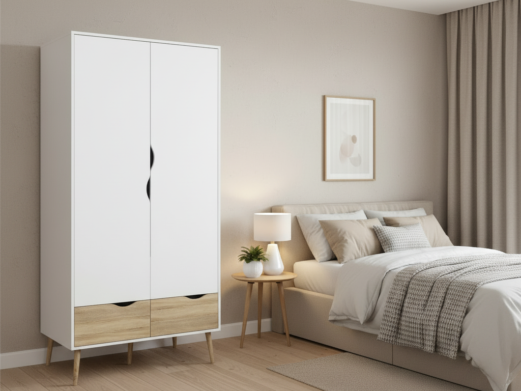 Oslo wardrobe 2 door + 2 drawers White/Oak - (B-Grade)