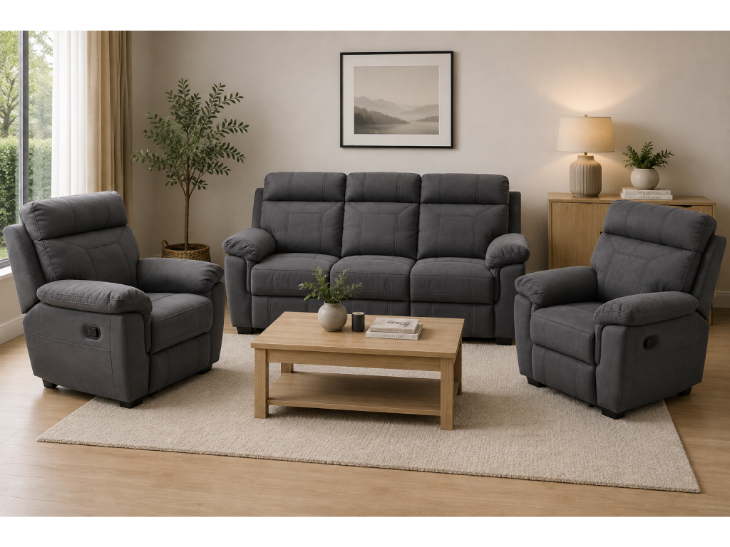 Baxter 3 Seater Fixed + 1 + 1 Manual Recliner Set - Fabric - Grey