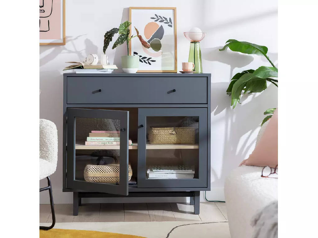 Habitat Jadon 2 Door Display Cabinet - Dark Grey & Oak